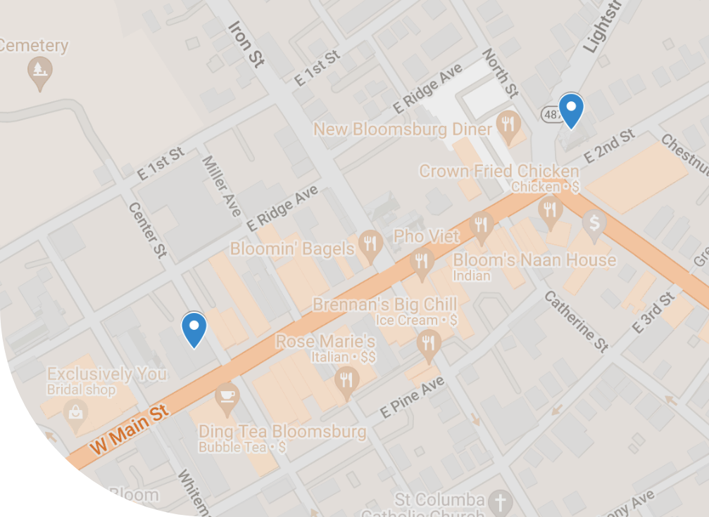 A close up map of Bloomsburg restraunts