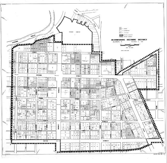 A town map of Bloomsburg historic district.